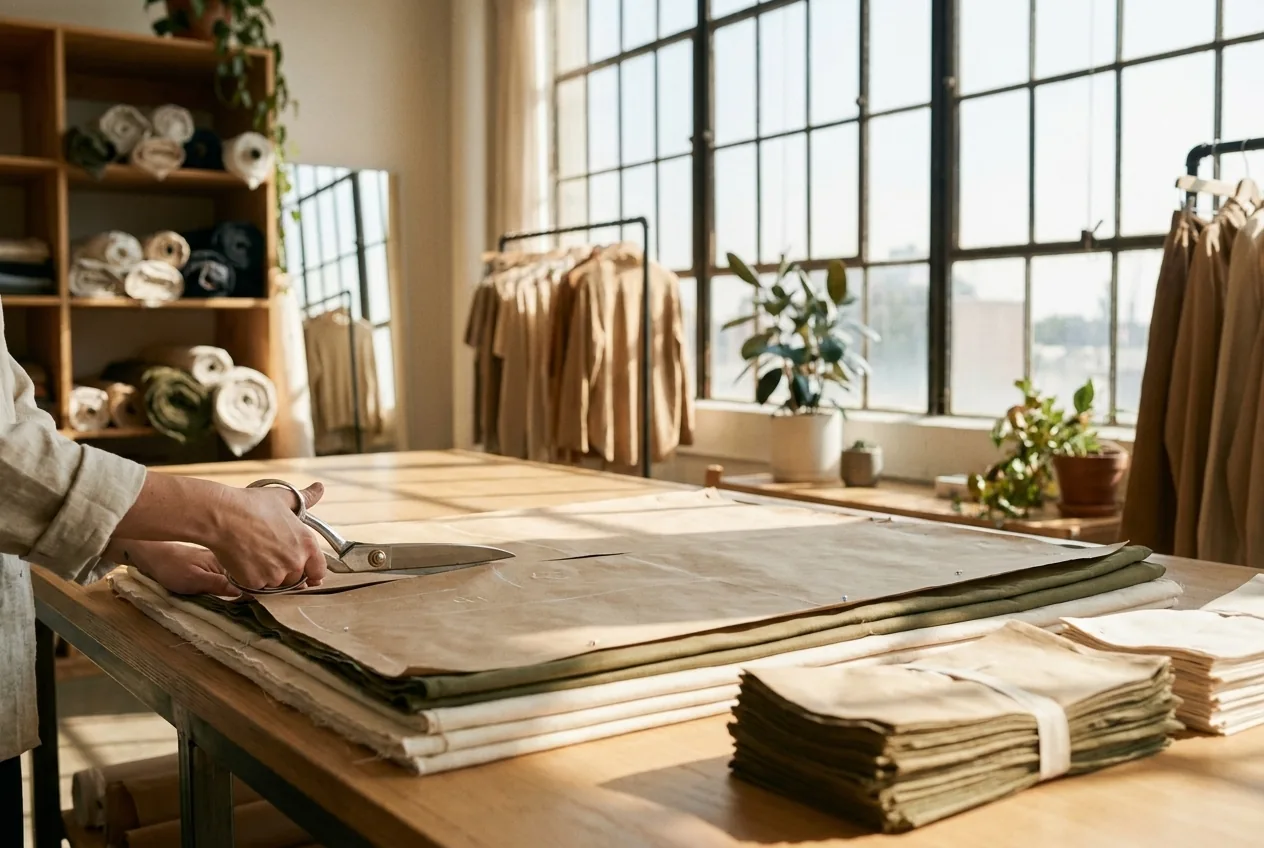 Marker paper pinned over layered fabric on a cutting table, tailor's shears mid-cut, bundles of cut panels at the table edge