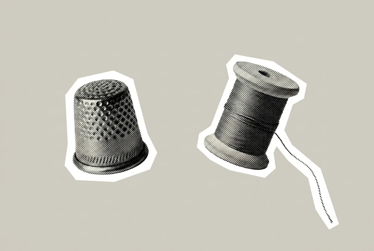 Halftone cut-out illustration of a thimble and a spool of thread