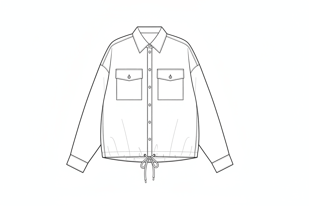 AI-generated flat sketch of an overshirt — technical drawing for fashion production
