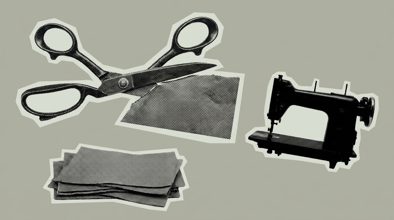 Cut and sew manufacturing - shears cutting fabric beside an industrial sewing machine