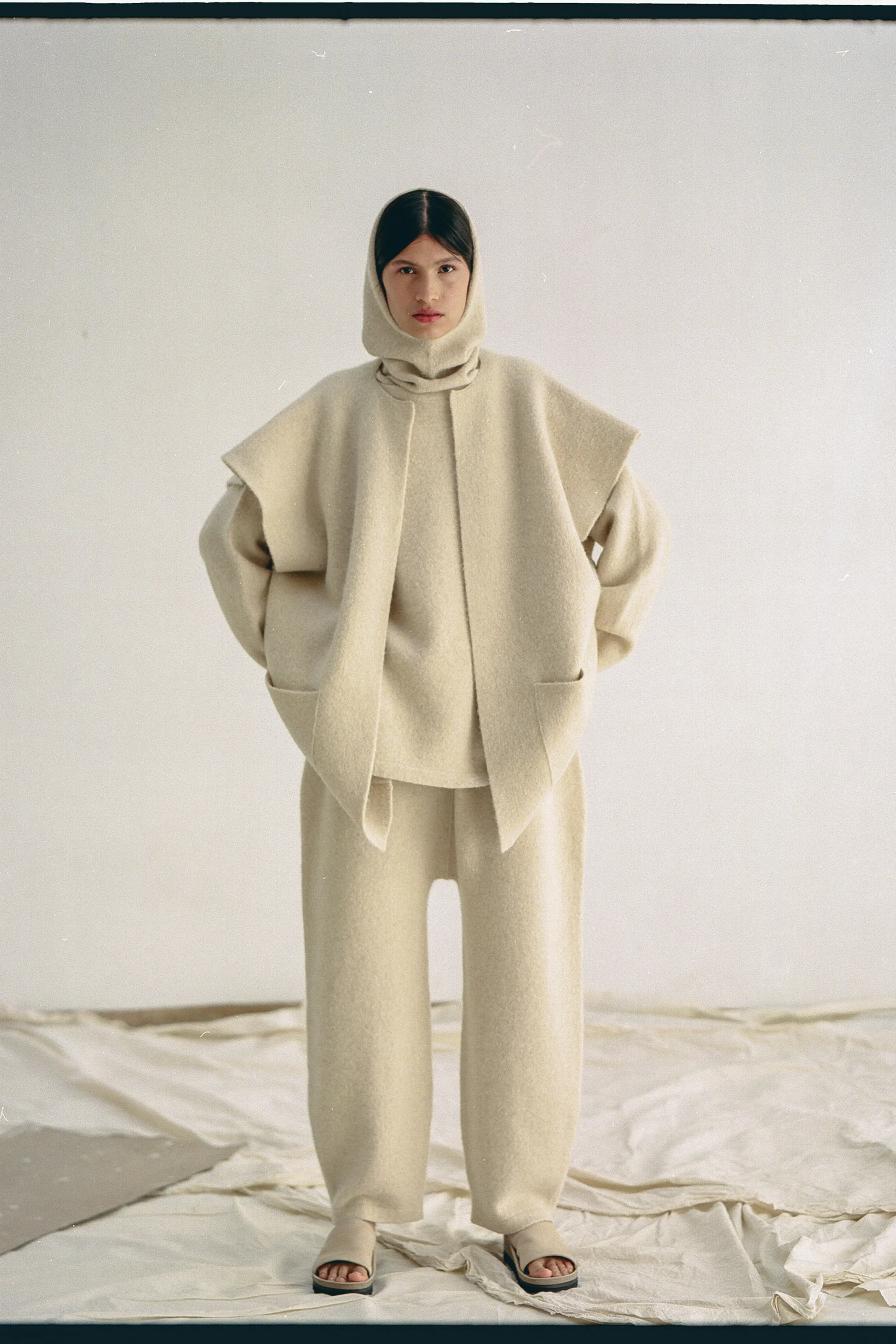 Fashion model wearing sample garment — lookbook reference for collection development
